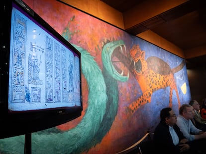 Presentation of the San Andrés Tetepilco codices at the National Museum of Anthropology in Mexico City; March 20, 2024.