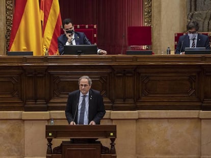 Quim Torra, en el pleno del Parlament sobre la Monarquía, este viernes.