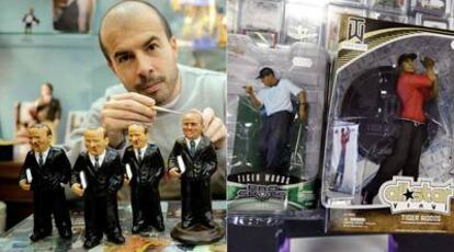 Marco Ferrigno, autor del muñeco de Berlusconi, con sus creaciones; a la derecha las figuras de Tiger Woods, en una tienda de California.