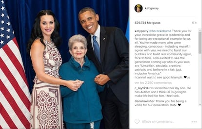 Katy Perry, que ha sido un gran apoyo para Hillary Clinton durante su campaña política, también ha querido decirle adiós: "Gracias por tu increíble liderazgo y por haber sido un ejemplo excepcional para todos nosotros", escribió la cantante.