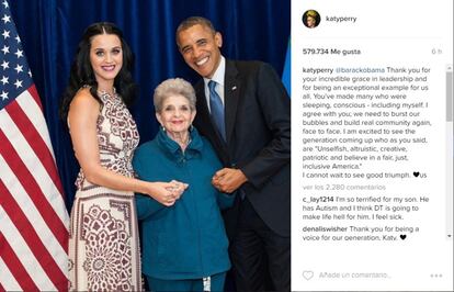 Katy Perry, que ha sido un gran apoyo para Hillary Clinton durante su campaña política, también ha querido decirle adiós: "Gracias por tu increíble liderazgo y por haber sido un ejemplo excepcional para todos nosotros", escribió la cantante.