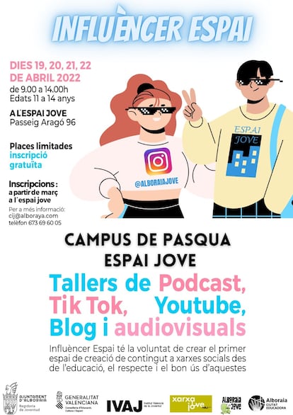 Cartel promocional del taller de creación de contenidos del 'Espai Jove' de Alboraya.