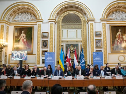 Minister of Justice of Ukraine, Denys Maliuska, fifth left, speaks during the Justice Ministers' conference in London on March 20, 2023, in support of the ICC.