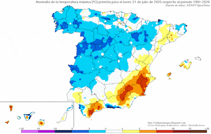 Mapa de anomalías en las temperaturas máximas de este lunes al próximo domingo.