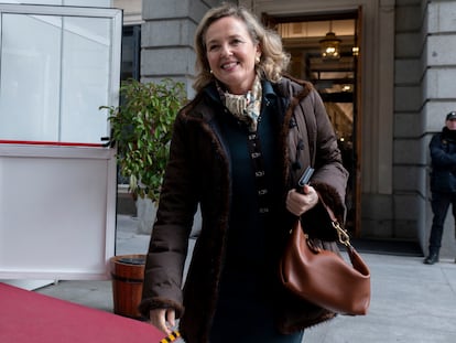 La vicepresidenta primera española, Nadia Calviño, en el homenaje a la Constitución en el Congreso de los Diputados, el miércoles.