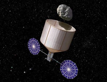 Ilustración de la misión propuesta por la NASA de captura y desplazamiento de un asteroide para acercarlo a la luna y facilitar su investigación.