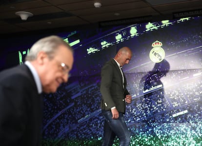 Rueda de prensa de presentacion de Zidane como nuevo entrenador del Real Madrid, junto al presidente, Florentino Perez, en el Santiago Bernabeu, el 11 de marzo de 2019.
