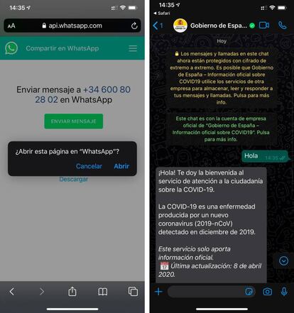 Chatbot del Gobierno en WhatsApp sobre el Covid-19.