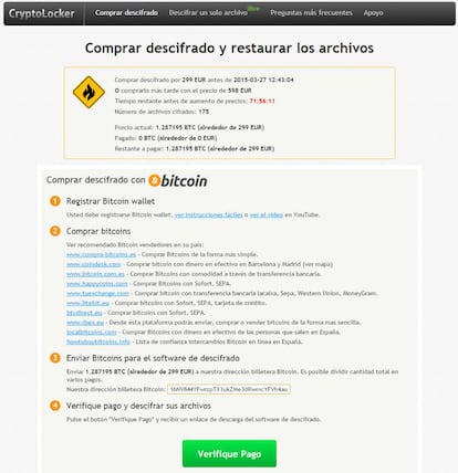 Por último, los criminales detallan las instrucciones para pagar el rescate. Lo exigen en 'bitcoins' para evitar rastreos de la policía. Según Luis Corrons, director técnico de Pandalab, los piratas suelen desbloquear los archivos al recibir el pago porque "por chocante que resulte, para ellos es un negocio". Si no lo hicieran, el 'ramsonware' no sería efectivo, ya que la víctima se acabaría enterando de que aceptar el chantaje no soluciona el problema.