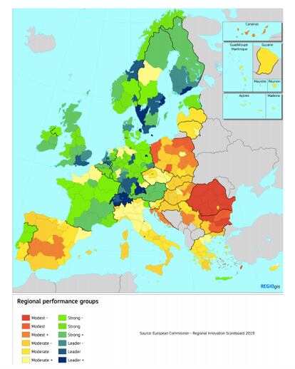 Mapa de colores de 238 regiones en Europa según un examen de su capacidad para innovar hecho en 2019 por la Comisión Europea.