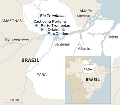 Mapa do estado do Pará, onde estão as cidades de Cachoeira Porteira, Oriximiná e Óbidos. Porto Trombetas é o distrito industrial de Oriximiná, onde fica a sede da Mineradora Rio do Norte.