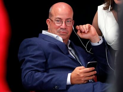 Jeff Zucker, Chairman, WarnerMedia News and Sports and President, CNN Worldwide listens in the spin room after the first of two Democratic presidential primary debates hosted by CNN on July 30, 2019, in the Fox Theatre in Detroit.