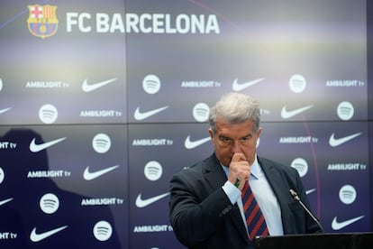 El presidente del FC Barcelona, Joan Laporta, durante la rueda de prensa. 