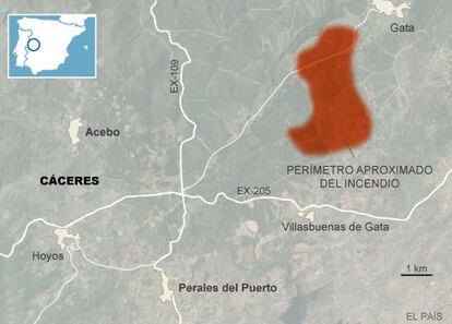 Localización del incendio activo en la Sierra de Gata, Extremadura.