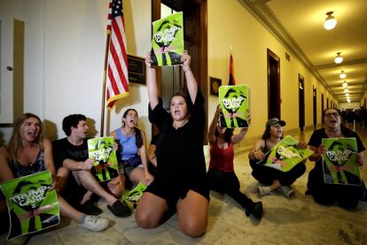 Las autoridades que se encargan de la seguridad de la sede del Gobierno estadounidense han detenido 21 manifestantes en las inmediaciones de la Cámara y el resto cerca del Senado. En la imagen, un grupo de activistas en el Capitolio en Washington (EE UU).