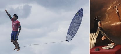 A la izquierda, el brasileño Gabriel Medina en la tercera ronda de la competición de surf en París. Ese salto que da el deportista y fue captado por los fotógrafos se ha convertido en una de las imágenes de estas olimpiadas. Es difícil encontrar un cuadro similar, pero esta 'Aparición de Cristo crucificado a santa Teresa de Jesús', de Alonso Cano, representa en esencia esa salida de la ola que nadie esperaba. 