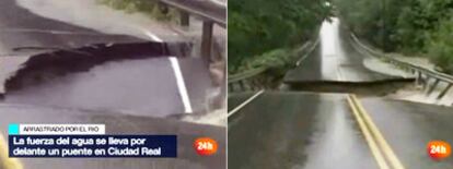 Abajo, las imágenes de una riada de Maine (EE UU) que el Telediario 2 situó en San Lorenzo de Calatrava (Ciudad Real).