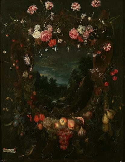 Guirnalda con paisaje, leo sobre lienzo. Catharina Ykens II. Museo Nacional del Prado