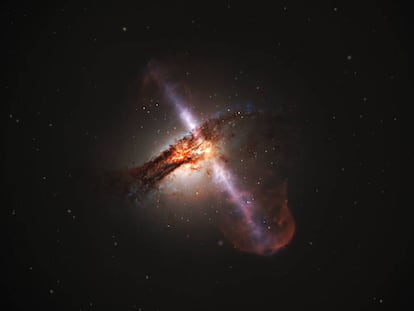 Ilustración de una galaxia con los chorros de un agujero negro supermasivo
