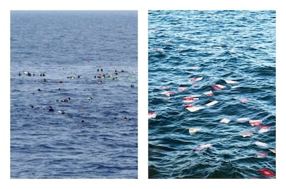 A la izquierda, fotografía que retrata el reciente rescate de un grupo de migrantes en el Mediterráneo. A la derecha, una premonitoria foto de 2005 de Ricardo Calero sobre la migración.