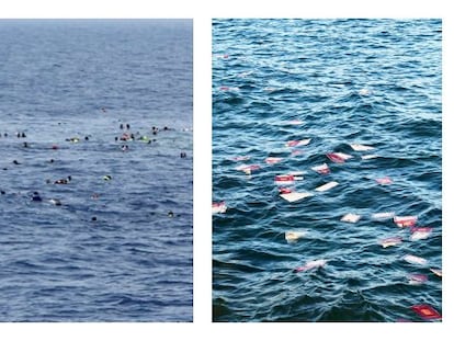 A la izquierda, fotograf&iacute;a que retrata el reciente rescate de un grupo de migrantes en el Mediterr&aacute;neo. A la derecha, una premonitoria foto de 2005 de Ricardo Calero sobre la migraci&oacute;n.