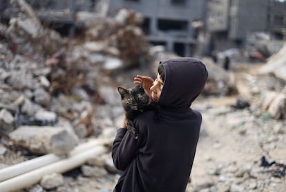 Un niño sujetaba a un gato junto a los escombros de varios edificios destruidos por ataques israelíes, este lunes en Jan Yunis.