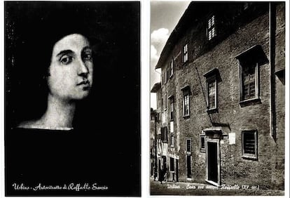 Postales con el autorretrato de Rafael y la fachada de la casa natal del pintor en Urbino, que le mandó Gala a Dalí en uno de sus viajes por Italia.