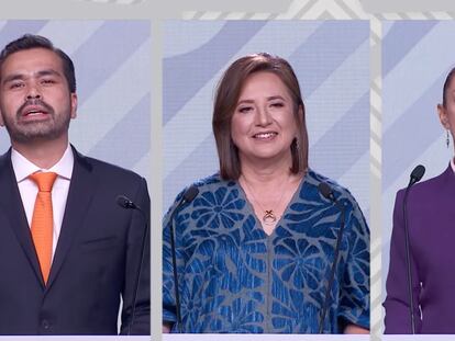 Jorge Álvarez Máynez, Xóchitl Gálvez y Claudia Sheinbaum, durante el tercer debate.