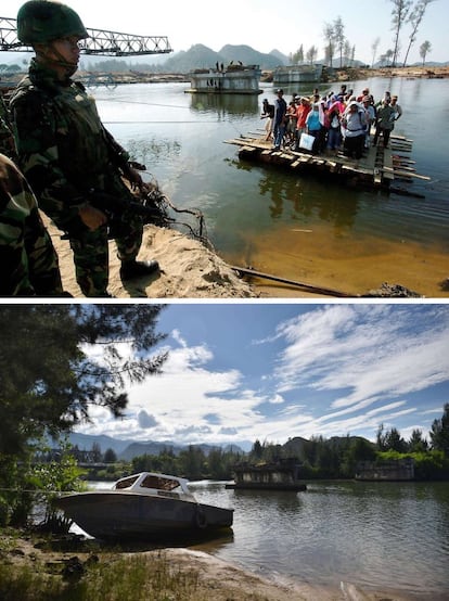 Los supervivientes del maremoto improvisan una balsa para cruzar un río en Lhoknga donde antes había un puente. Provincia de Aceh, Sumatra, Indonesia. Diez años después del maremoto el puente no ha sido reconstruido pero uno nuevo se alza unas decenas de metros más hacia el interior de tierra firme. Fotografías hechas por Jewel Samad el 23 de enero de 2005 y por Bay Ismoyo el 29 de diciembre de 2014.