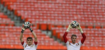 Casillas y De Gea durante el entrenamiento