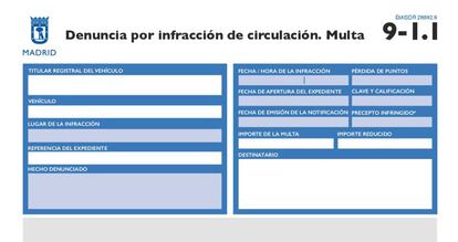 El nuevo modelo de multa de tráfico de Madrid.