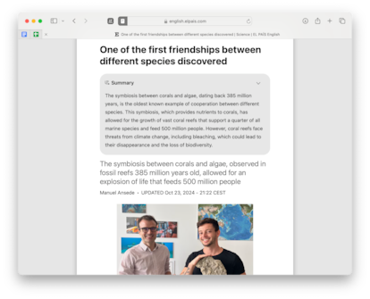 In macOS 15.1, Safari offers automatic summaries of web pages (using Apple Intelligence AI) when you view them in Reading View. In the tests carried out, it adequately synthesizes the news of the American edition of EL PAÍS in English.