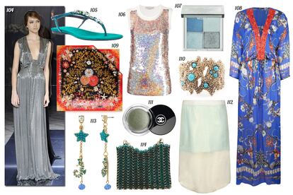 104. Rami Al Ali. 105. Barbara Bui Sandalia con tiras de piel metalizada y pedrería. 106. Stella McCartney Top de lentejuelas sin mangas. 107. Cargo Paleta de sombras de ojos. 108. Roberto Cavalli Kaftán con estampado de motivos marinos. 109. Dior Pañuelo de seda estampada. 110. Bimba & Lola Brazalete de metal con piedras turquesas. 111. Chanel Sombra de ojos “Illusion D´OMbre”. 112. Topshop Falda metalizada con capa de gasa. 113. Betsey Johnson Pendientes de cadena con estrellas y caballitos de mar. 114. Paco Rabanne Bolso de malla de plástico.