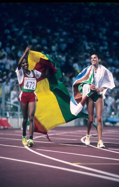 Derartu Tulú y Elana Meyer en la final de 10,000M en Barcelona 92.