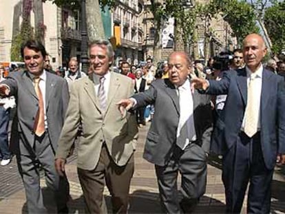 Artur Mas, Xavier Trias, Jordi Pujol y Antoni Duran Lleida, ayer en Barcelona, en el último día de campaña de CiU.