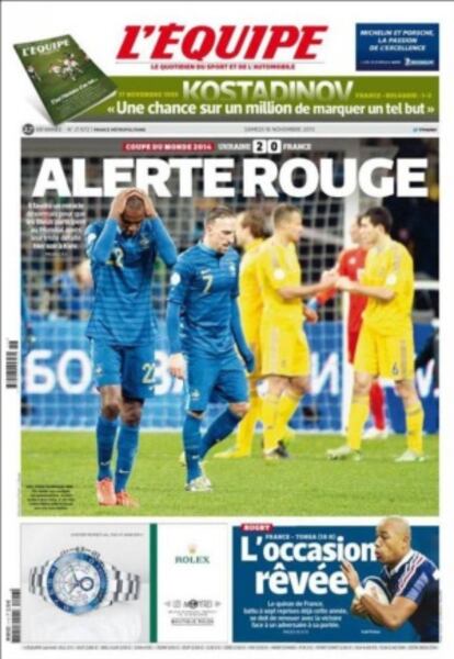 La portada del diario 'L'Èquipe' destaca la derrota francesa en Kiev.