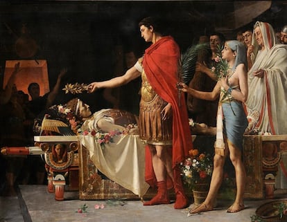Painting by the French artist Lionel Royer illustrating the historical visit of Emperor Augustus to the tomb of Alexander the Great in Alexandria.