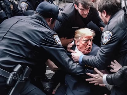 Imagen generada por IA, y ampliamente difundida, de Donald Trump siendo detenido.