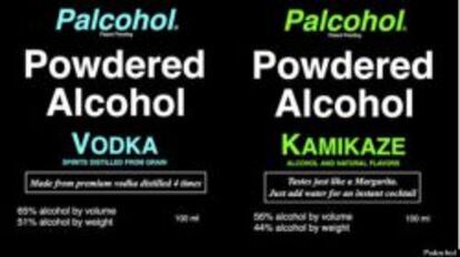 Etiquetas de Palcohol, marca de bebidas alcólicas en polvo.