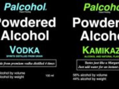 Etiquetas de Palcohol, marca de bebidas alcólicas en polvo.