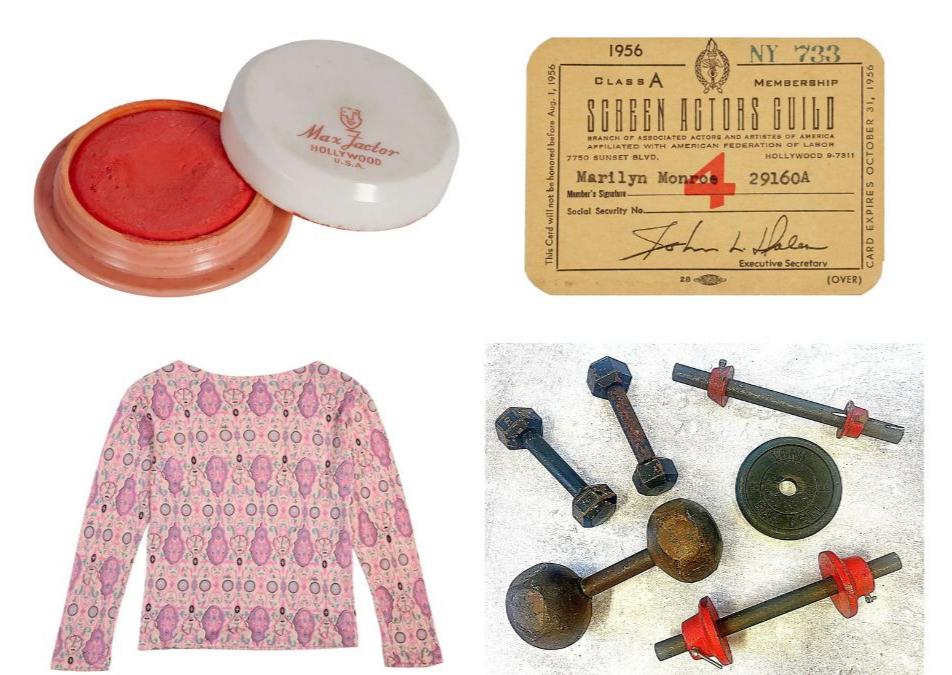 Cuatro objetos de Marilyn Monroe vendidos en la subasta de Julien's Auction del 4 de junio de 2026, en Los Ángeles. Arriba, pintalabios y carné del sindicato de actores. Abajo, blusa de Pucci y pesas de entrenamiento.