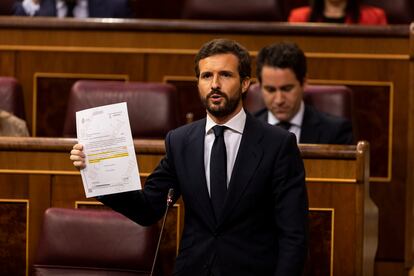 El presidente del Partido Popular, Pablo Casado, durante su intervención en el Congreso de los Diputados, el pasado a 3 de junio.