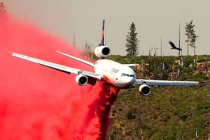 Un avión antiincendios durante las labores de extinción del fuego, en el condado de Mariposa (California).