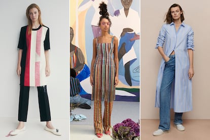 Los vestidos con pantaln.?Esta mezcla, sinnimo de comodidad, ha arrasado en el street style, pero nunca ha llegado a calar en el consumidor de moda medio. Es una buena alternativa para reciclar vestidos veraniegos en primavera o en oto?o, pero necesita de grandes dosis de actitud para lucirse con acierto. De izquierda a derecha las versiones de Marina Moscone, Kenneth Ize y Mango.