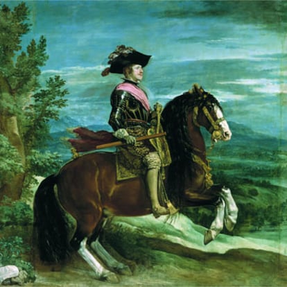 'Felipe IV a caballo', de Velázquez. Museo del Prado. En el óleo (303×317 cm), el rey sujeta las riendas del Estado.