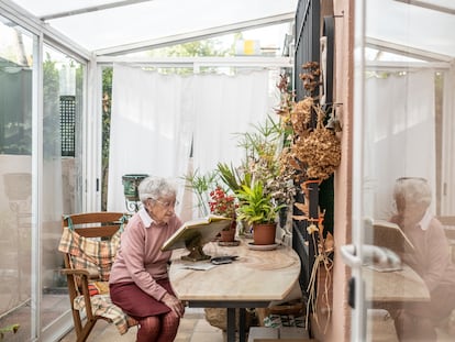 Rosario Gil, leyendo en el patio trasero de su vivienda en la colonia Albéniz.