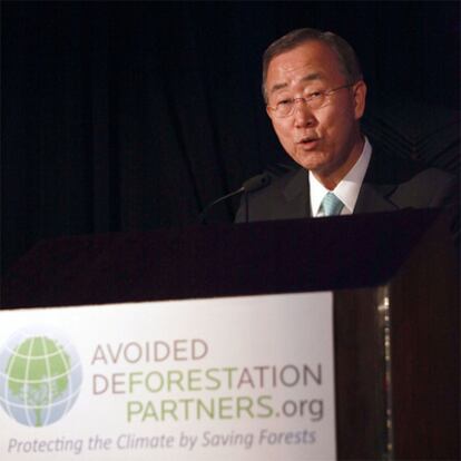 El secretario general de la ONU, Ban Ki Moon, durante una conferencia contra la deforestación en la cumbre del clima de Durban