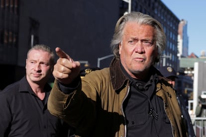 Steve Bannon, former advisor to former U.S. President and now President-elect Donald Trump, gestures as he arrives for a pre-trial conference hearing in his fraud case stemming from a fundraising effort to build a border wall, at the New York Criminal Court, in New York City, U.S.