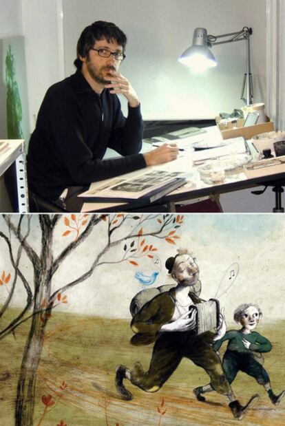 Arriba, Pablo Auladell en su estudio. Abajo, una de sus ilustraciones para <i>Rasmus y el vagabundo</i>, un clásico infantil de Astrid Lindgren.