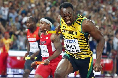 El atleta jamaicano, Usain Bolt, durante la final de los 4x100m.